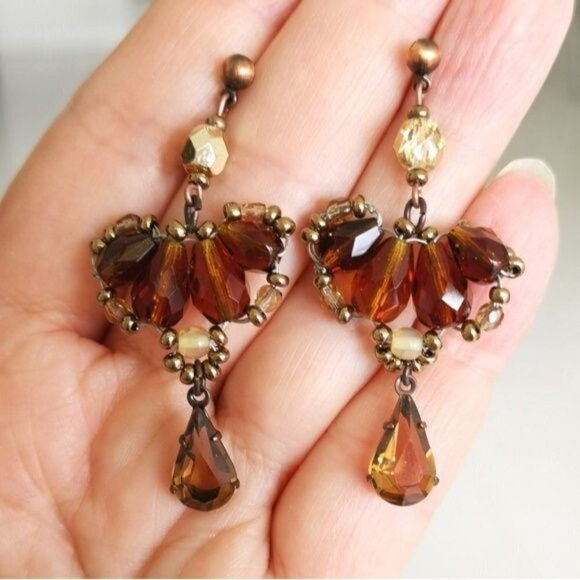 Vintage Czech Beaded Dangle Earrings Brown Gold - Picture 3 of 5